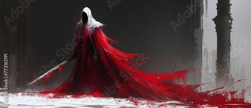   A woman in a long red dress, her hair swept back by the wind - a red and white painting photo