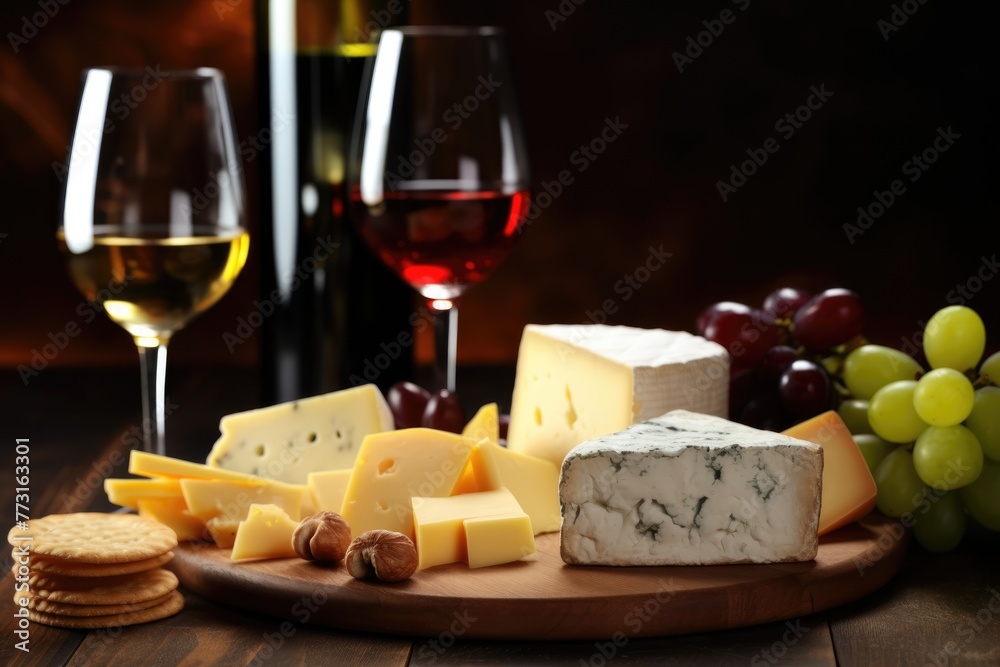A delectable selection of gourmet cheeses artfully arranged on a wooden board, complemented by a glass of red and white wine, inviting an indulgent tasting experience. A delectable selection of gourmet cheeses artfully arranged on a wooden board, complemented by a glass of red and white wine, inviting an indulgent tasting experience.