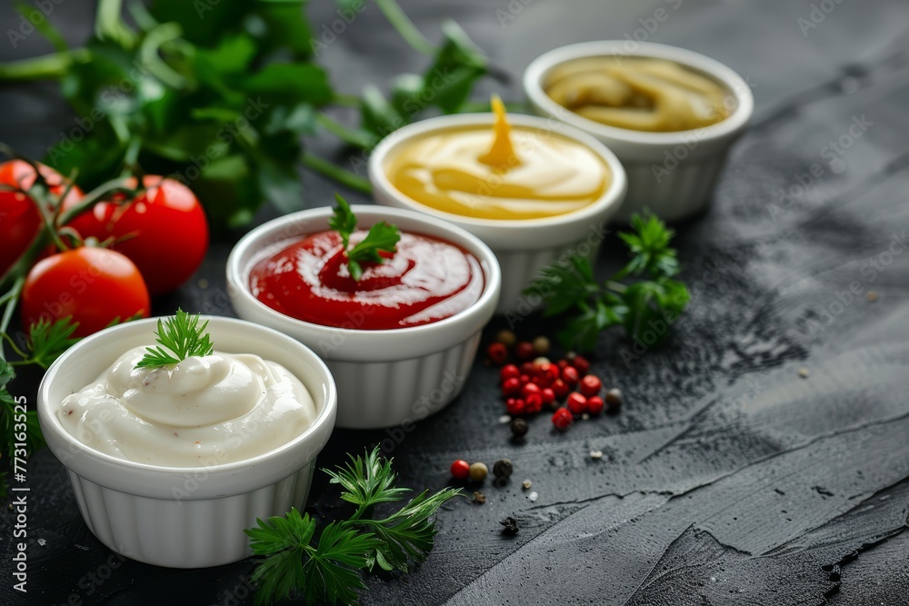 A table bearing three small bowls of dips atop it, adjacent to vegetables, and accompanied by a ketchup bottle A table bearing three small bowls of dips atop it, adjacent to vegetables, and accompanied by a ketchup bottle