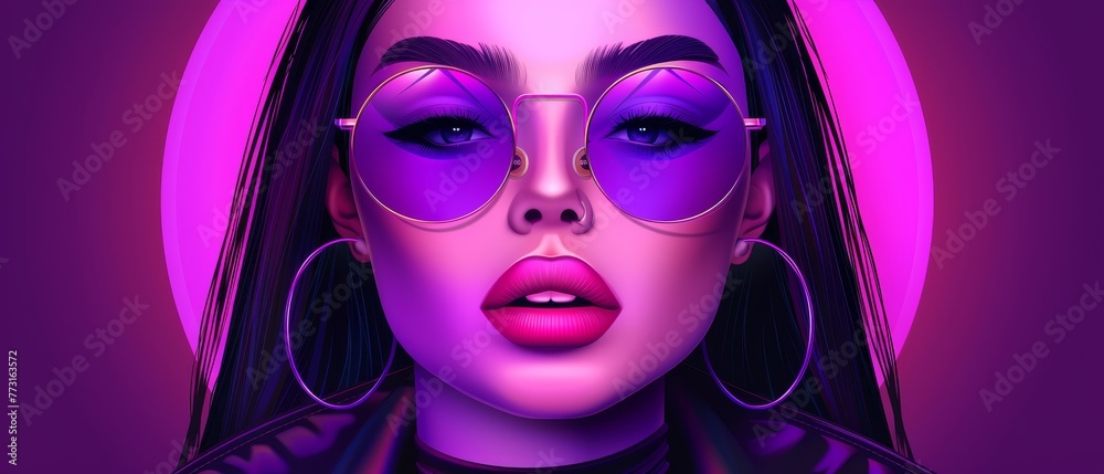 Woman in purple makeup, large hoop earrings, black leather jacket against a purple backdrop Woman in purple makeup, large hoop earrings, black leather jacket against a purple backdrop