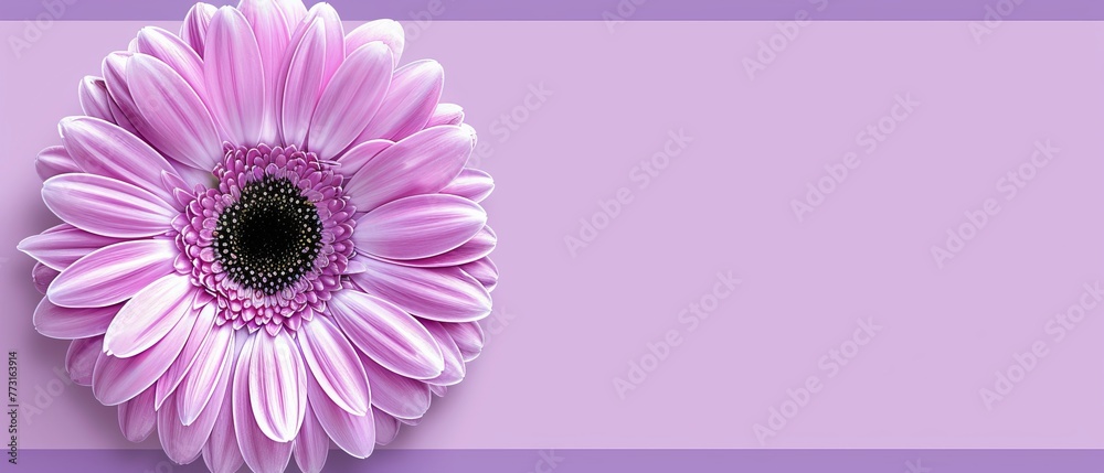   A pink flower, tightly framed in close-up, blooms against a dual-toned backdrop of deep purple Its heart occupies a circular black center