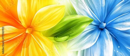   A multicolored flower in tight focus against a white backdrop Central bloom features shades of green, yellow, and blue