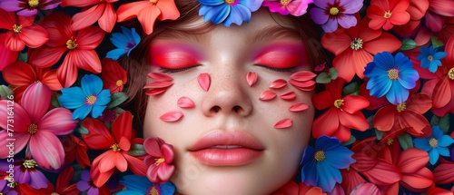   A woman's face encircled by red, blue, and pink blooms with closed eyes © Jevjenijs