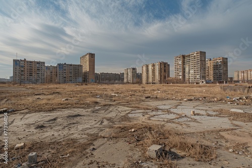 A wide-angle view of desolate urban outskirts  showing a group of buildings standing upright in a barren dirt landscape