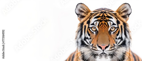   A tight shot of a tiger s head against a white backdrop  featuring a black and orange striped chest