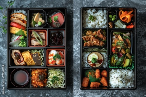 Two black trays showcasing diverse types of food, highlighting the differences between traditional and modern bento lunches