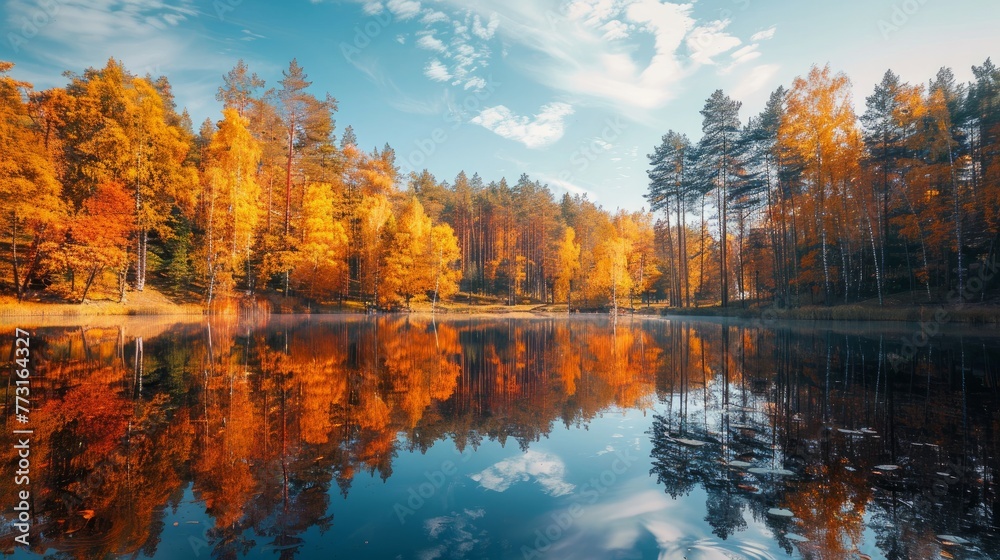 Bright beautiful autumn forest reflected in the waters of the lake 