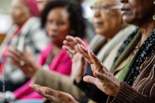 Various elderly women clapping hands in a circle to show appreciation and support during a community forum on urban redevelopment initiatives