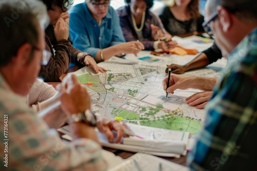 A group of people seated around a table, intensely studying a map and discussing ideas during an urban planning workshop photo