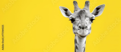  Close-up of a giraffe's face against a yellow backdrop, overlaid with a black-and-white giraffe head image