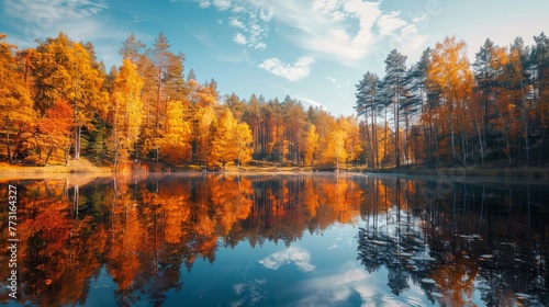 Bright beautiful autumn forest reflected in the waters of the lake  © Nicat