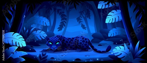  A black-and-blue image of a leopard in a forest, its face radiating a blue glow