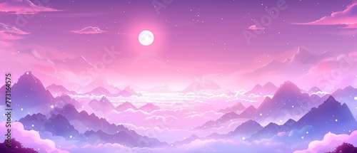   A painting of a mountain range under a full moon  with clouds in the foreground Behind  a pink sky filled with stars and clouds