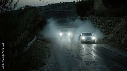 Cars racing on narrow mountain roads circling at night, foggy, dark, drone shot, headlights on