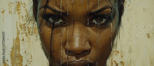   A woman's face, raindrops cascading down, wooden wall as backdrop