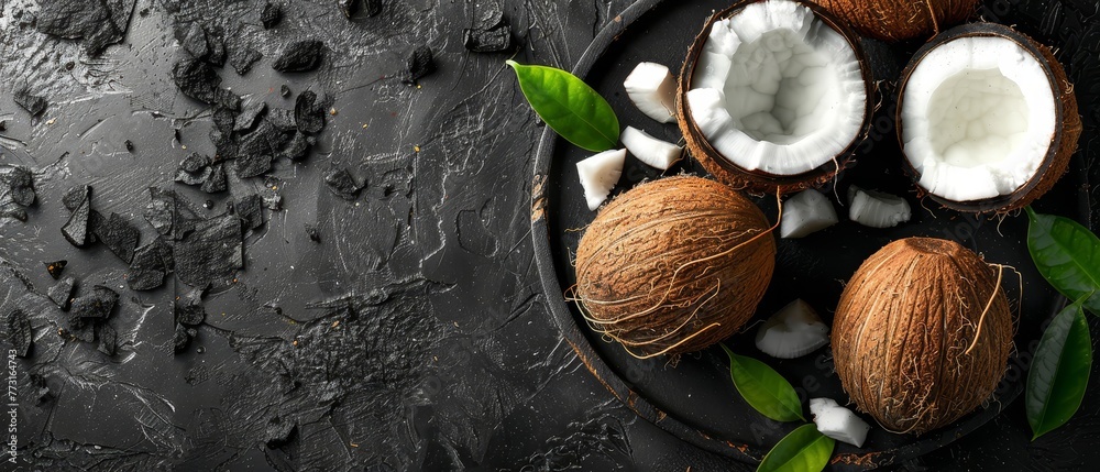 A black surface bears a plate adorned with arranged coconuts and verdant leaves, one green leaf nestled beside it A black surface bears a plate adorned with arranged coconuts and verdant leaves, one green leaf nestled beside it