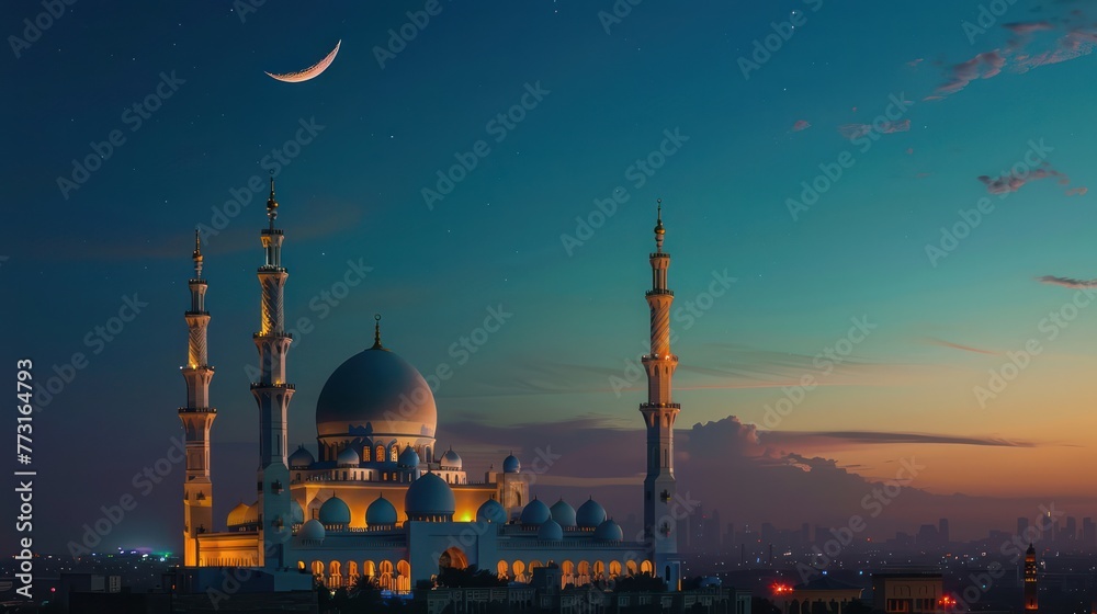 Mosque with Background of Moon Crescent