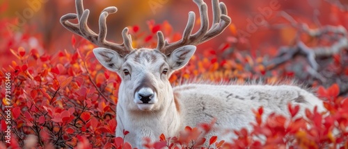   A white deer, antlered, stands in a red-hued field of bushes and trees, their leaves crimson photo