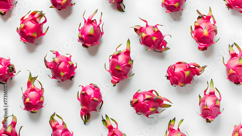 top down view of dragonfruits evenly distributed on white background © Jakob