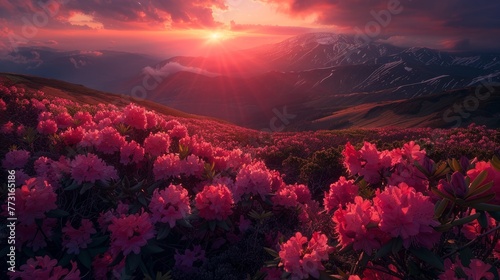 Charming pink flower rhododendrons at magical sunset. Location Carpathian mountain, Ukraine, Europe. Beautiful nature landscape. Scenic image of idyllic summer wallpaper. Discover the beauty of earth. photo