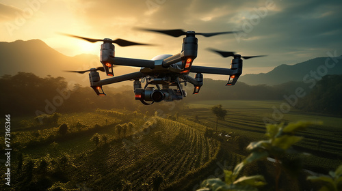 Agricultural drones flying on field.Smart farm drone flying modern technology in agriculture.Industrial drone over field and sprays useful pesticides to increase productivity destroys harmful insects © AK528