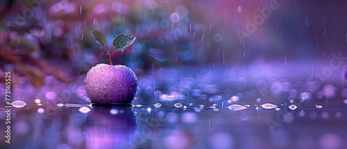  A purple apple sits in a puddle of water, its stem extending upward where a green sprout emerges