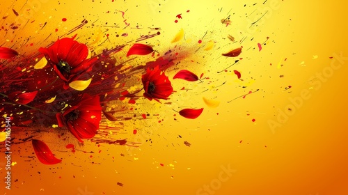   A yellow background features a bouquet of red and yellow flowers, confettied with petal sprinkles photo