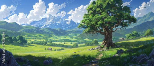  Tree in foreground, mountains backdrop, clouded sky