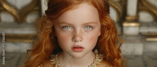  A mannequin wearing a close-up of a child's face with freckles and a necklace