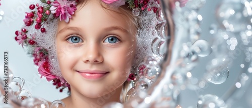  A tight shot of a child's face adorned with pink flowers atop her head, reflected in a mirror before her