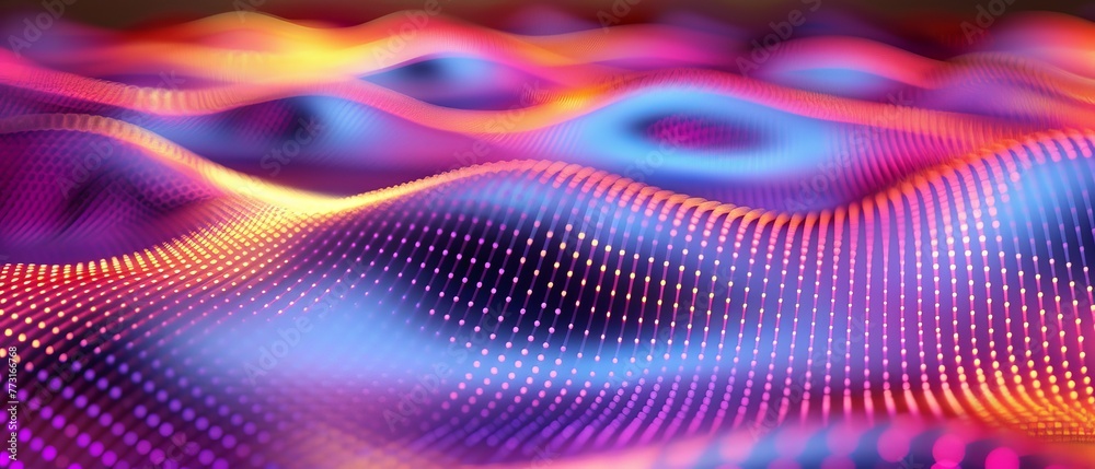   A computer-generated image featuring wavy lines and dots in pink, blue, yellow, orange, and purple hues against a black backdrop