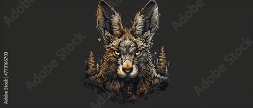   A wolf head drawing with feathered ears against a black backdrop Eyes also sporting feathers