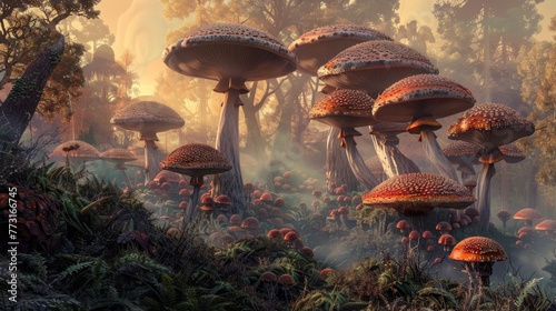   A sunlit forest scene features a cluster of mushrooms growing amongst grass and trees photo
