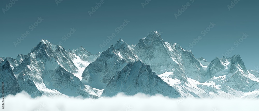   A towering mountain, fully encased in snow, floats amidst a sky filled with clouds, while a clear blue backdrop peeks through