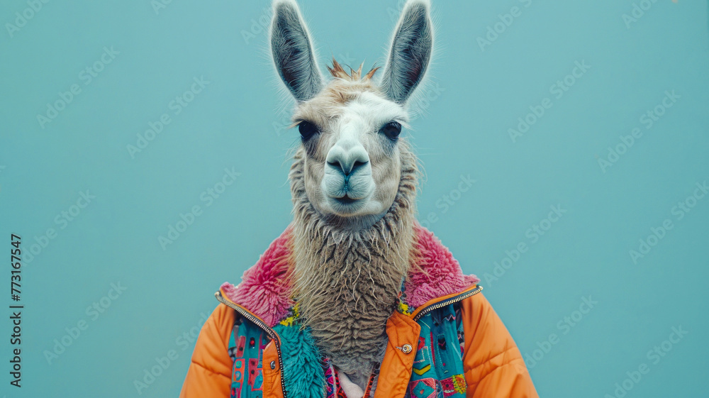 Obraz premium A stylized llama in a colorful jacket on a blue background combines whimsy with fashion, radiating confidence in a playful yet professional portrayal.