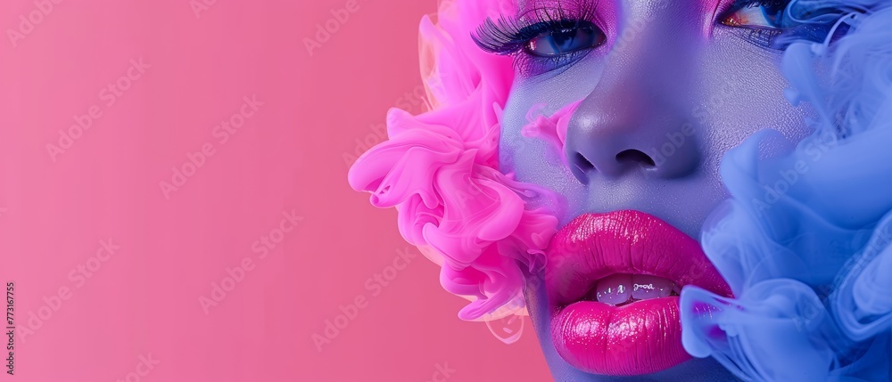   A tight shot of a woman's face with pink-tinted smoke and blue wisps emerging from her mouth
