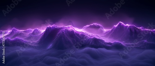   A mountain range depicted in an image, illuminated by a purple-hued light situated at its heart photo