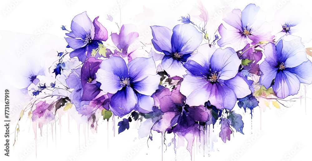 A painting of purple flowers with a white background.