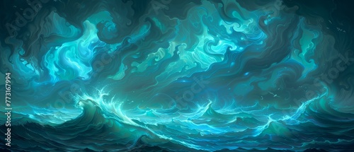  A painting of an ocean wave with swirling blues and greens atop and base