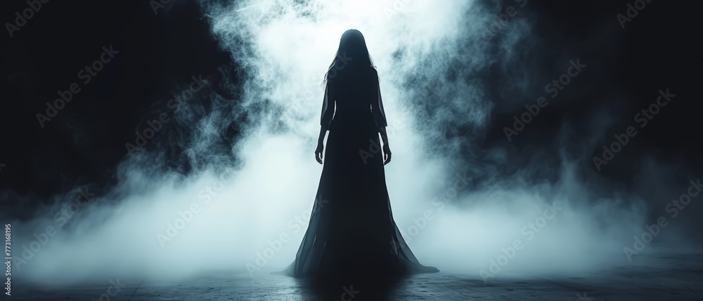   A woman in a lengthy black dress stands face-away from the camera in a misty location, her long hair billowing in the wind - obrazy, fototapety, plakaty 