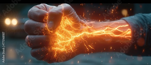  A tight shot of a hand with a lightning bolt superimposed in its center