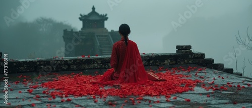  A woman in a red dress stands before a red-hued building amidst a foggy day, petals falling from unseen red blooms, scattering the ground