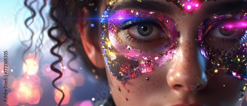   A tight shot of a woman's expressive face, adorned with glittering eye makeup and defined eyeliners photo