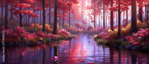   A painting of a serene lake encircled by trees blooming with pink flowers in the foreground, and pink flamingos gracefully standing in the background