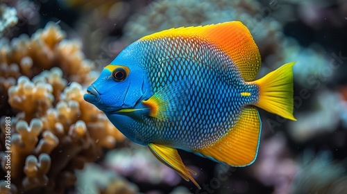  A tight shot of a blue-yellow fish near coral, featuring an orange-white sea anemone
