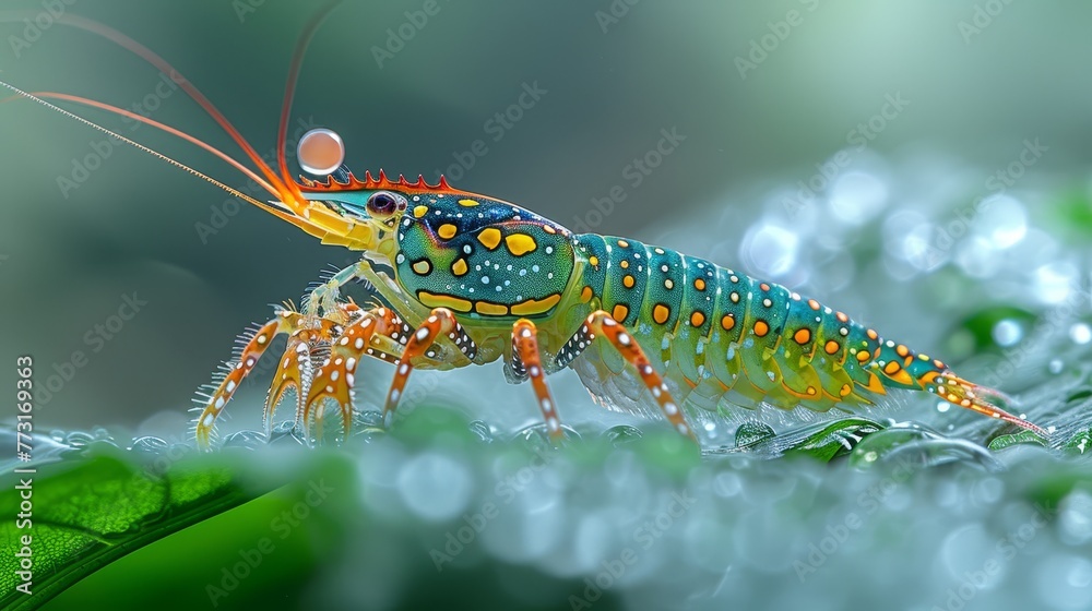   A tight shot of a vibrant shrimp perched on a leaf, adorned with water droplets on its body and legs