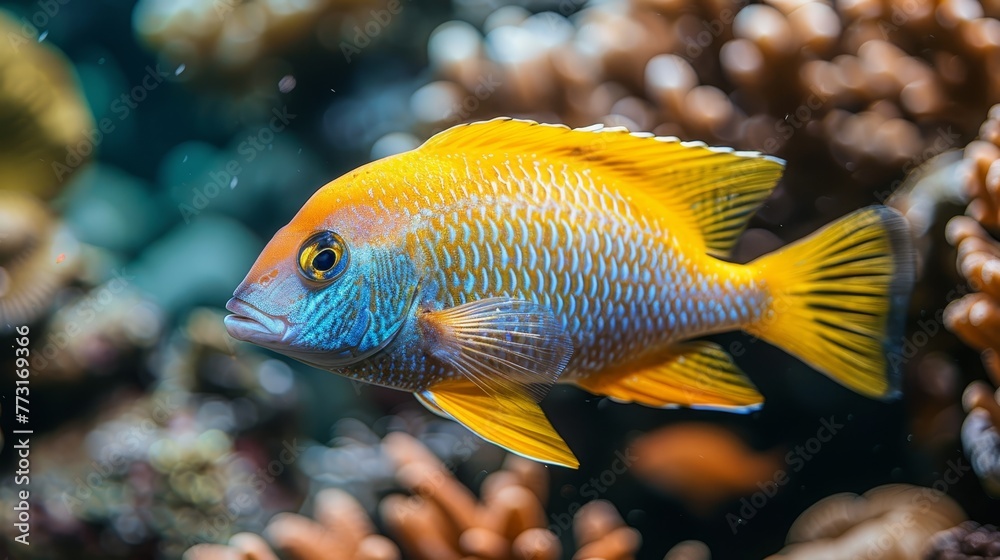 A tight shot of a fish hovering over corals, with various corals and sea anemones in the backdrop A tight shot of a fish hovering over corals, with various corals and sea anemones in the backdrop