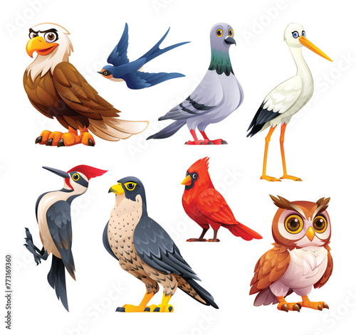 Set of birds vector cartoon illustration. Eagle, swallow, pigeon, stork, woodpecker, falcon, cardinal, and owl © YG Studio