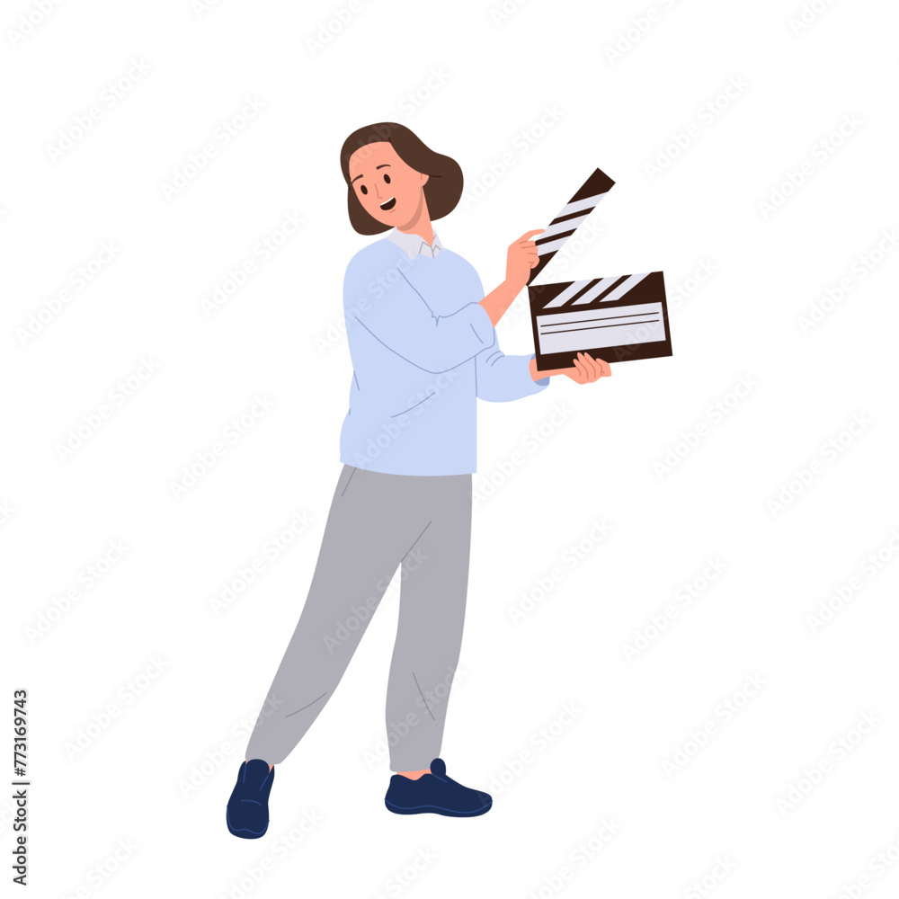 Smiling woman film assistant cartoon character with clapperboard engaged in filmmaking process