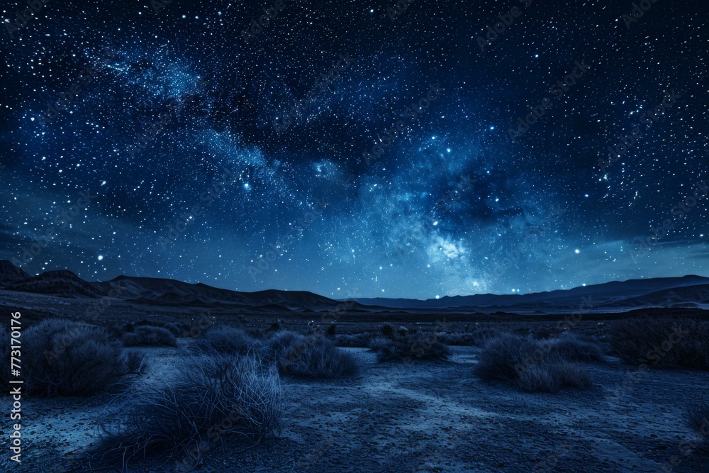 Starry Night Sky Over Desert Landscape, Astrophotography Concept